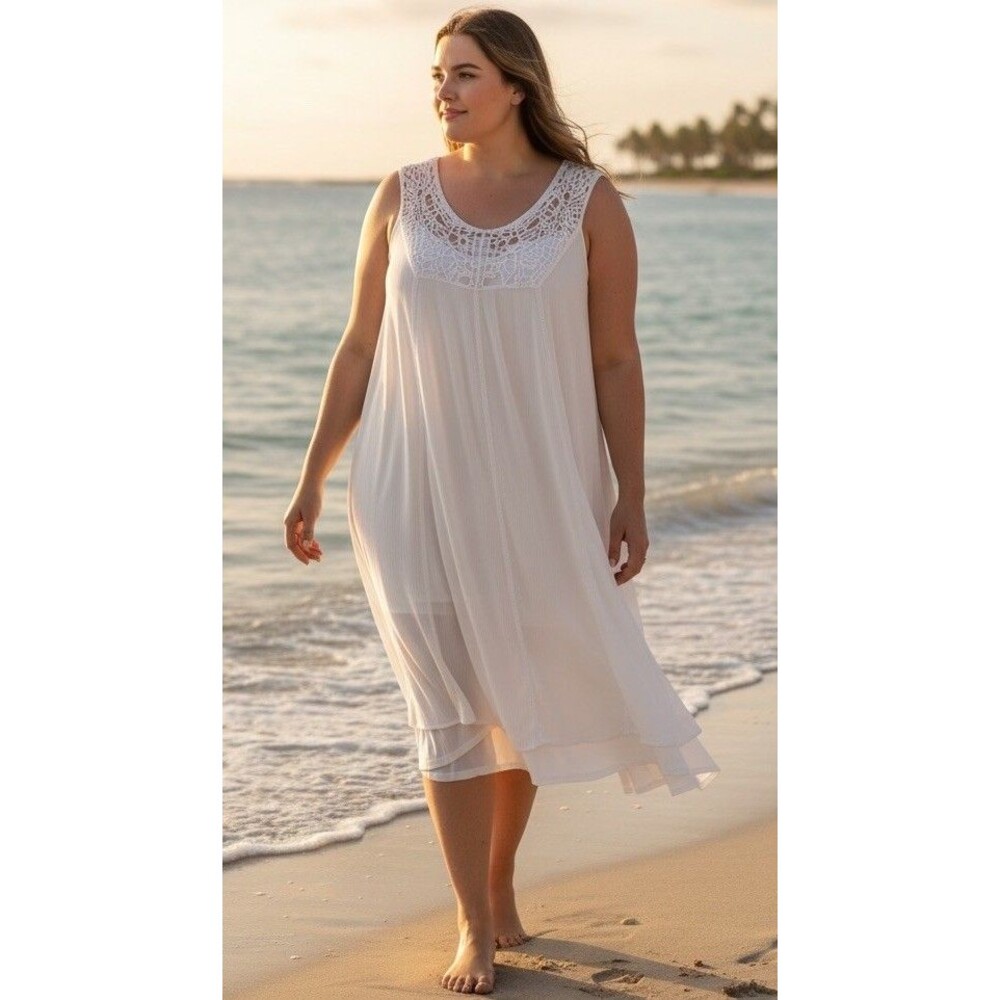 Avenue Plus Size 26/28 White Sleeveless Fully Lined Cover Up w Embroidered Yoke